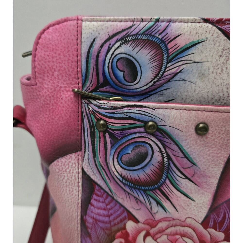 Anuschka Peacock/Rose Hand Painted Leather Crossbody/Shoulder Bag-Rosie Reverie - Picture 4 of 16